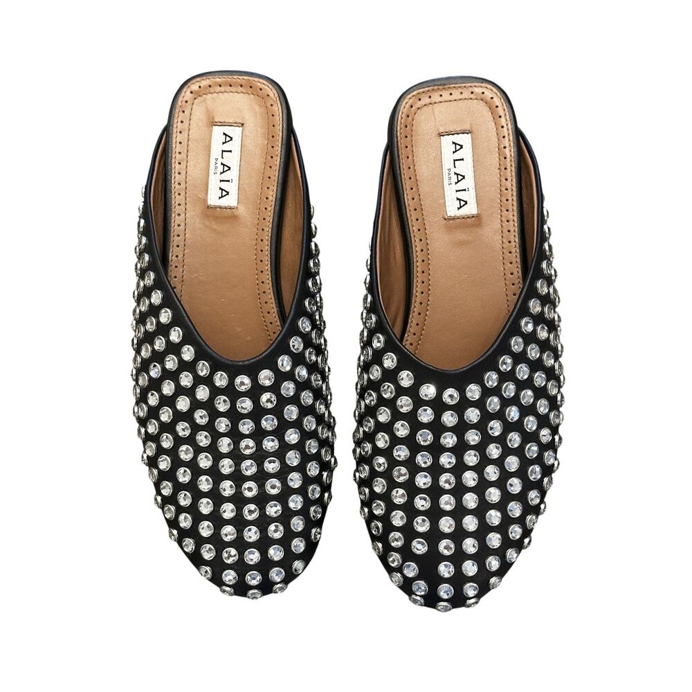 ALAIA Black Leather Crystal Embellished Mules Slides Flats Size 38